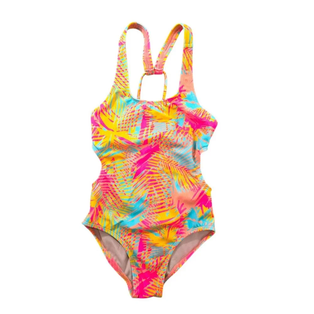 Art Class Girls One-Piece Swimsuit Ribbed Knit Multi Tropical Print Sz M NWT